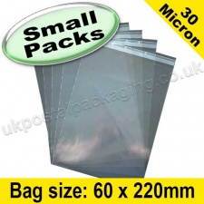 EzePack, Cello Bag, with re-seal flaps, Size 60 x 220mm - Pack of 200